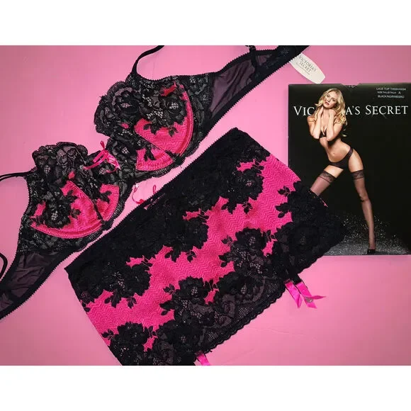 Victoria's Secret unlined 34C BRA SET+garter skirt HOT pink BLACK SEXY SEDUCTION - Picture 1 of 3